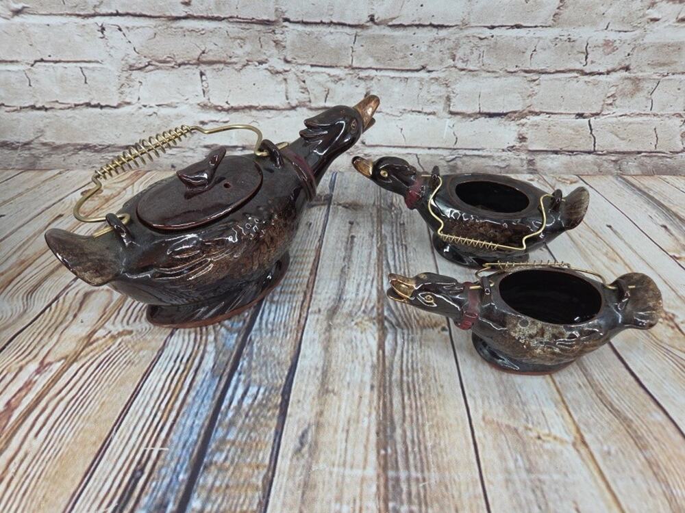 Vintage Post-War Japan Ceramic Duck Teapot Set w/Teapot, Creamer & Sugar Bowl
